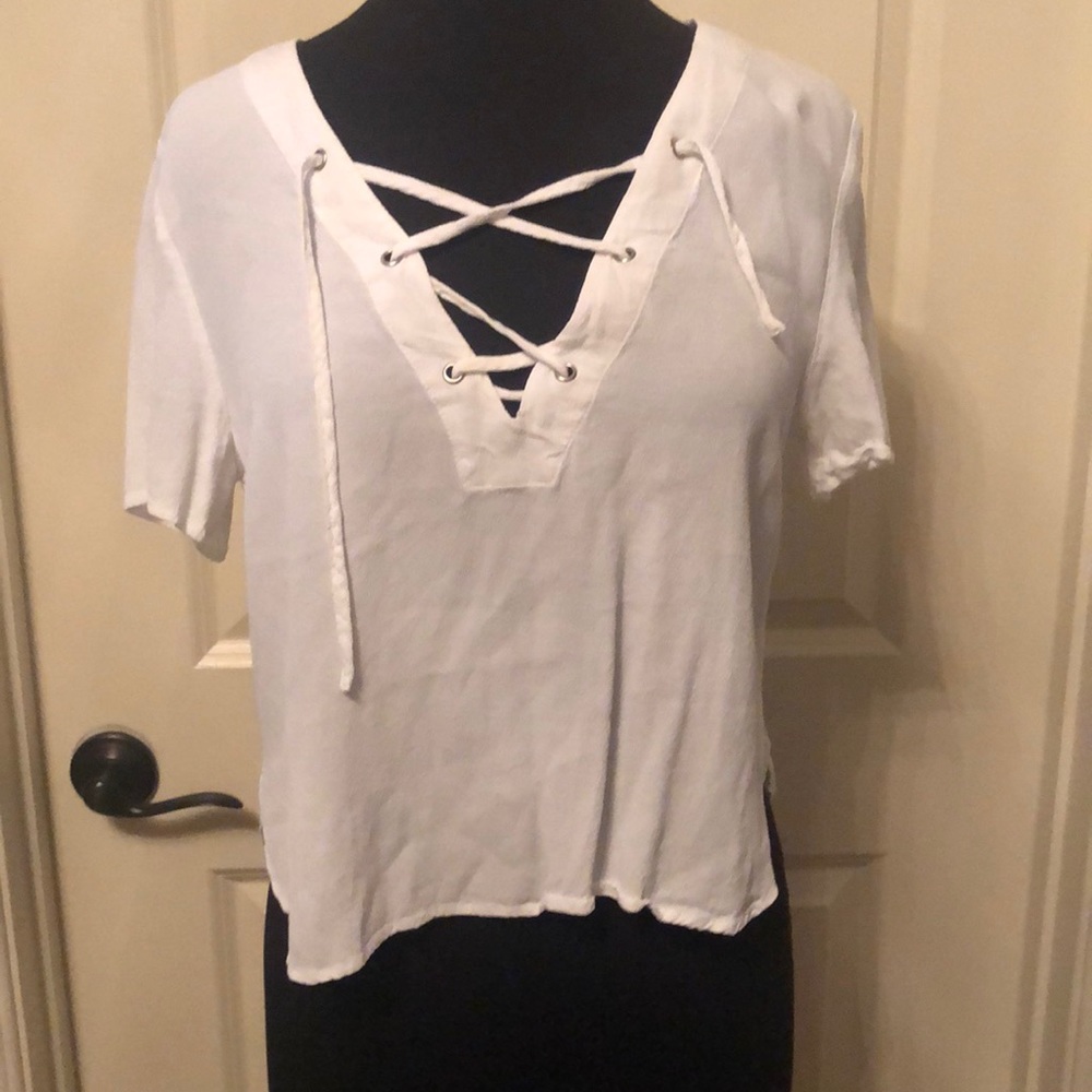 white lace up front shirt